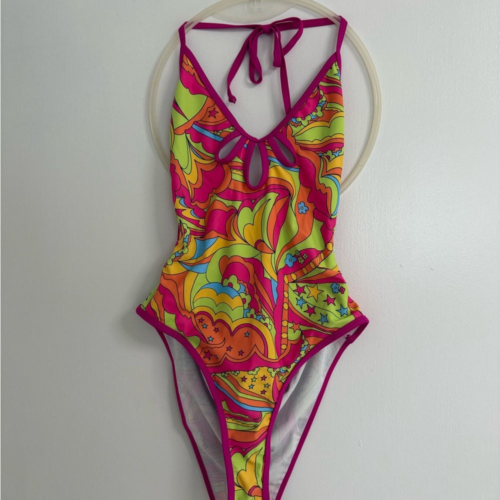 Retro Neon Keyhole One-Piece Swimsuit - Hot Pink Trim